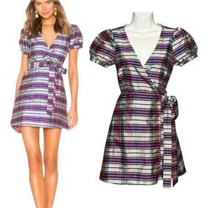 Revolve LPA Back Cut Out Mini Dress XS Wrap Purple Plaid Taffeta Metallic Party